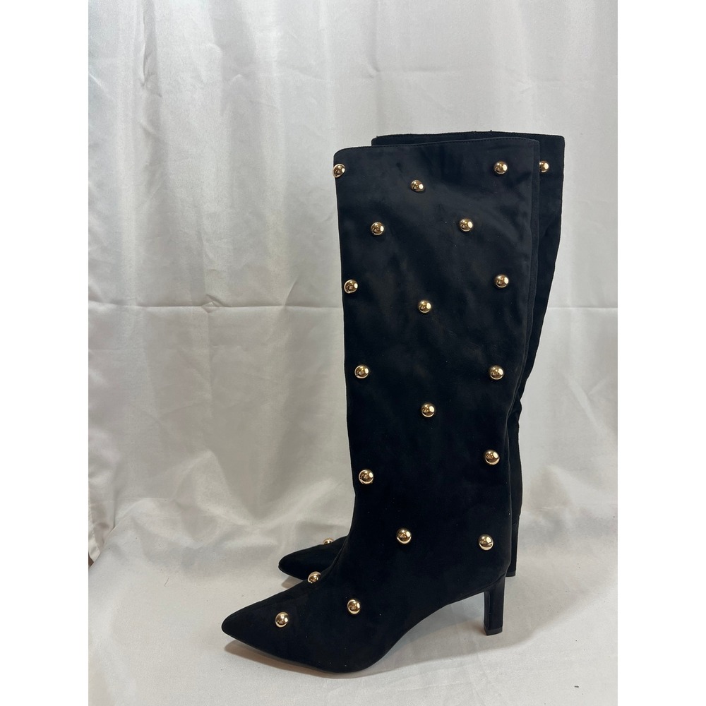 A New Day Womens Black Faux Suede Studded Pointed Toe Kitten Heel Tall Boots 7.5